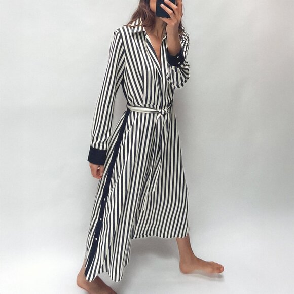 Zara Navy White Striped Long Sleeve Shirt Dress Size L - Picture 1 of 6